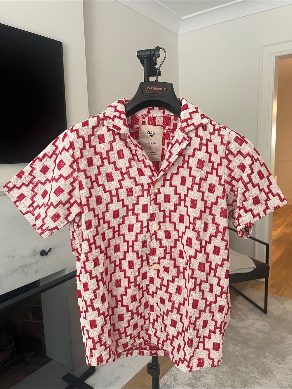 OAS Red & White Machu Cuba Terry Resort Short Sleeve Button-Down Shirt